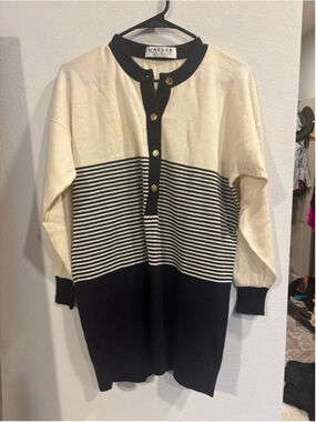 Vintage JAEGER 100% Wool Colorblock Striped Knit Henley Tunic Sweater